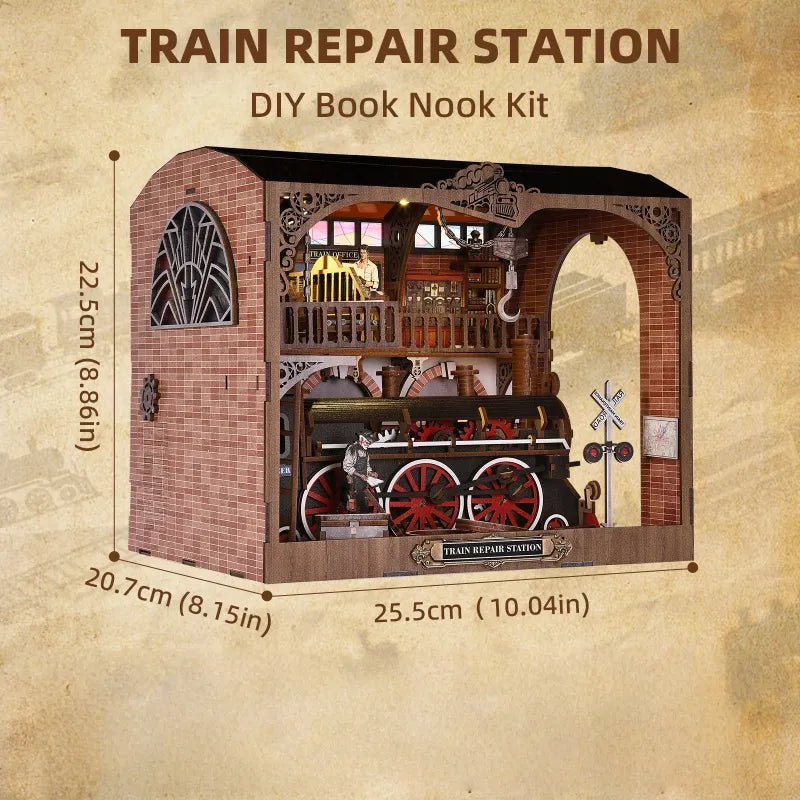 3D Wooden Puzzle Book Nook - Train Repair Station