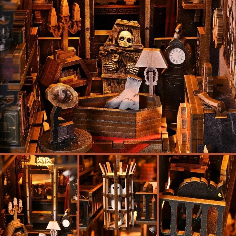A gothic library behind dark doors