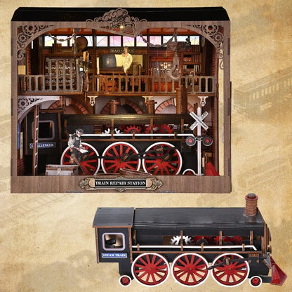3D Wooden Puzzle Book Nook - Train Repair Station
