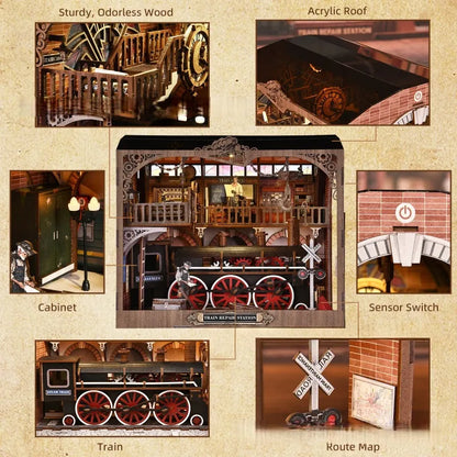 3D Wooden Puzzle Book Nook - Train Repair Station