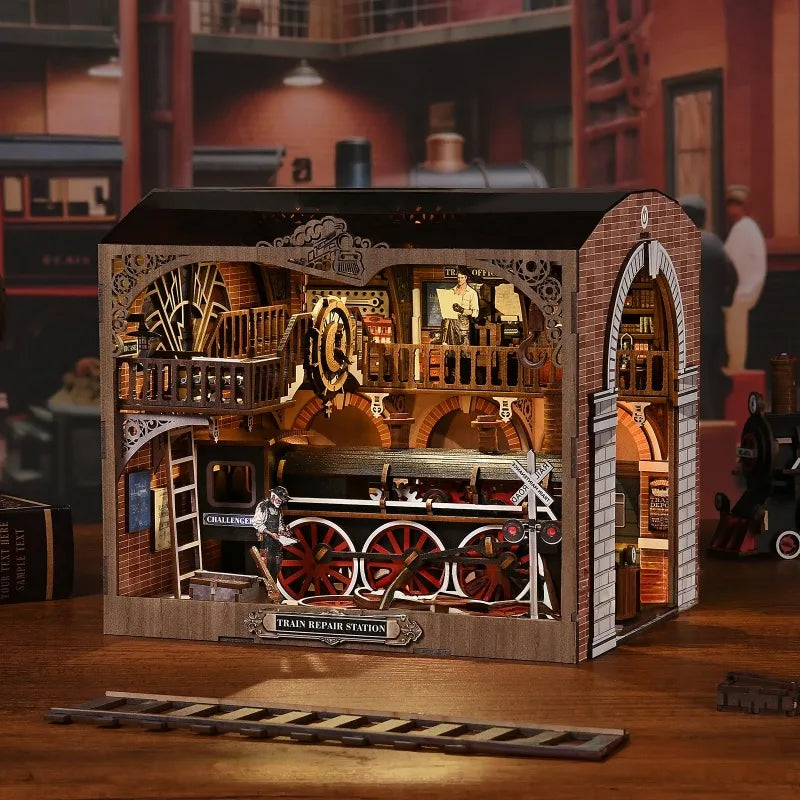 3D Wooden Puzzle Book Nook - Train Repair Station