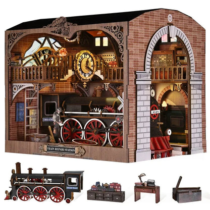 3D Wooden Puzzle Book Nook - Train Repair Station