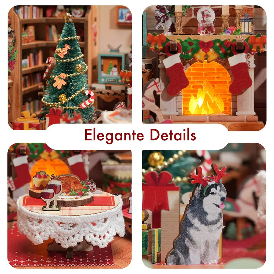 A Christmas room with changing window scenes
